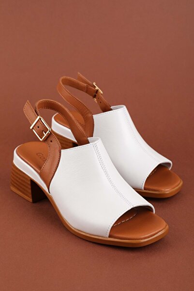 Gondol Women's Genuine Leather Mid-Heeled Daily Sandals Iz.12106 White