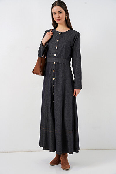 Merterium Women's Belted Long Denim Dress 1545 - Navy Blue