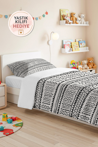 Evimde Bambaşka Black Geometric Youth Room Single Pique Set - Bohemian Modern...