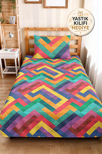 Evimde Bambaşka Geometric Colorful Youth Room Single Pique Set - Zigzag Turqu...