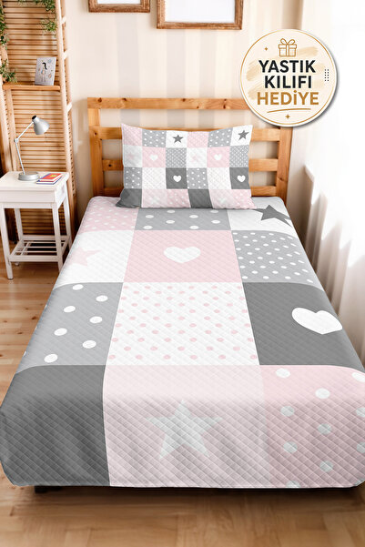 Evimde Bambaşka Pink Girls' Pique Set with Hearts and Polka Dots-Patchwork Gr...