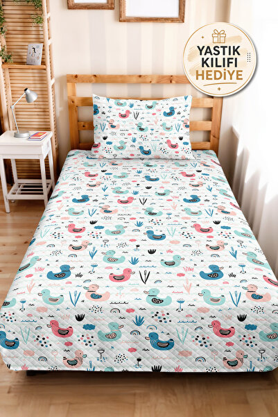 Evimde Bambaşka Duck Pastel Blue Children's Room Single Pique Set - Cute Pink...