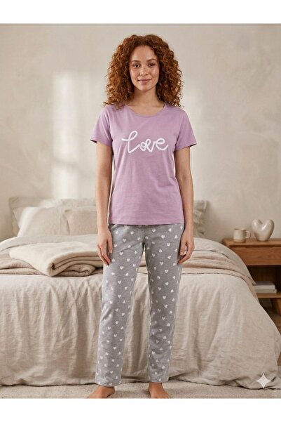 Serena Pijama de damă din bumbac, pantaloni lungi cu buline, tricou mov cu im...
