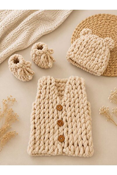 NESA Puffy Baby Vest, Booties, Hat Set - Honey Foam