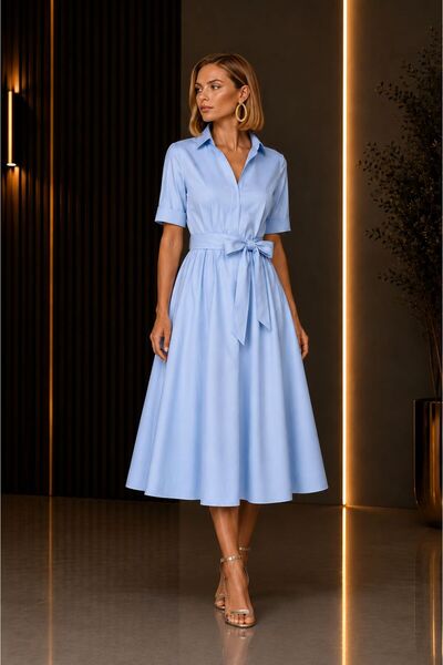 ALYEL NAKER Short Sleeve Midi Length Blue Poplin Shirt Dress