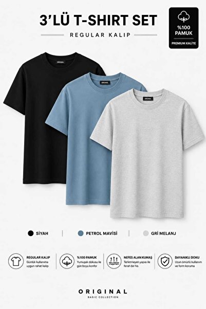 TRYK T-Shirt Basic Black Petrol Blue Gray Melange Cotton Fabric Regular Fit M...