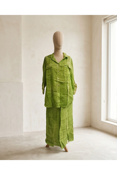 İthal Women's Bohemian Pocketed Linen Shirt Tunic and Wide Leg Pants Two-Piece Set