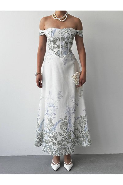 Miss Beyoğlu Women's Floral Patterned Madonna Collar Long Linen Dress