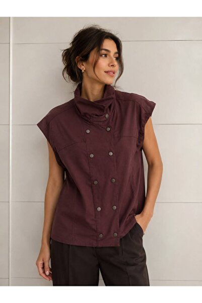 MAESTRO WOMAN Kadın Kahverengi Dik Yaka Çıtçıtlı Dökümlü Oversize Tensel Yelek