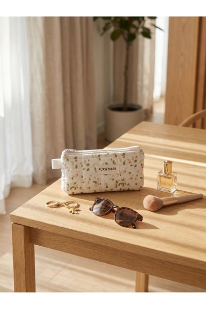 PURSEMARK Ecru Green Floral Patterned Handmade Pen Holder & Glasses Case |   Zippered Multi-Purpose Organizer Bag