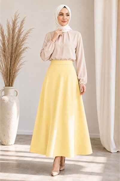CATSPY Women's Butter Yellow Knitted Scuba Crepe Hijab and Casual Skirt Lengt...