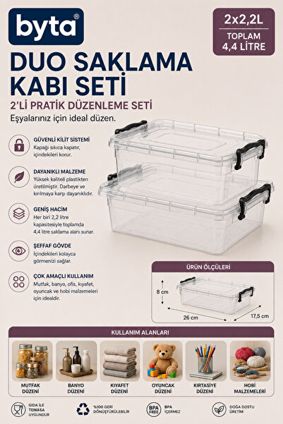 BYTA Set of 2 Transparent Storage Containers with Locking Lids 2X2.2 Liter Mu...