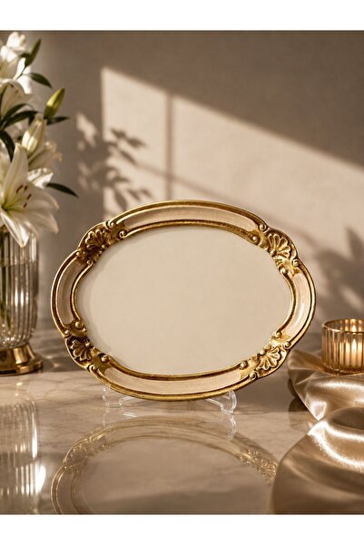 MİZA DECORATION Gold Siyah Detaylı Ahşap Kahve ve Sunum Tepsisi