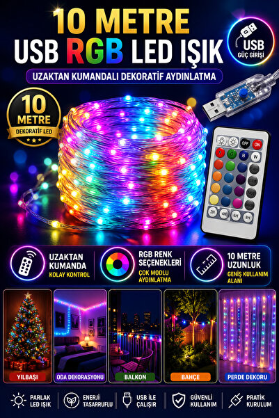 Hane Dostu 10 Metre USB RGB LED Işık Şeridi Uzaktan Kumandalı Çok Modlu Dekor...