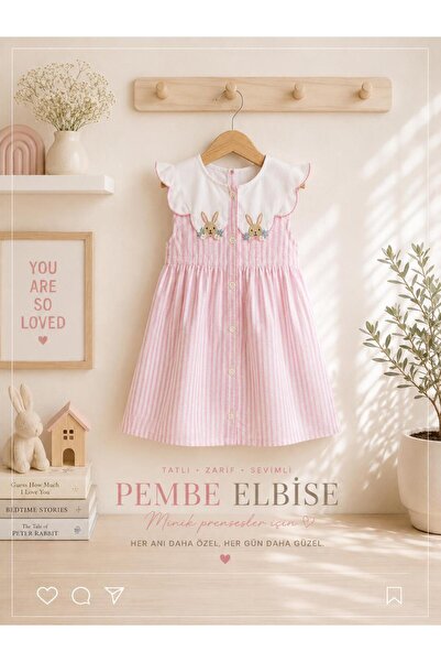 Hello Minies Toys&Accessories Kız Çocuk Tavşan Nakışlı Pembe Ekose Elbise Yaz...