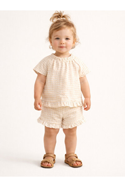 Victor and Jane By Styli Girls Checked Ruffle Trim Top and Shorts Set
