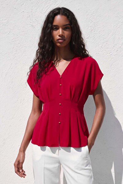 Sateen Short Sleeve Blouse - Red