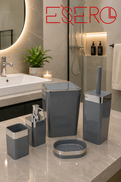 ESERO 340 KROM Premium 5 Parça Gri Banyo Aksesuar Seti Modern Lüks Tasarım Çö...