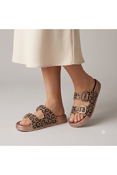 KİNDEP (Pienn)Double Buckle Drop Stone Detailed Daily Women's Slippers Leopard