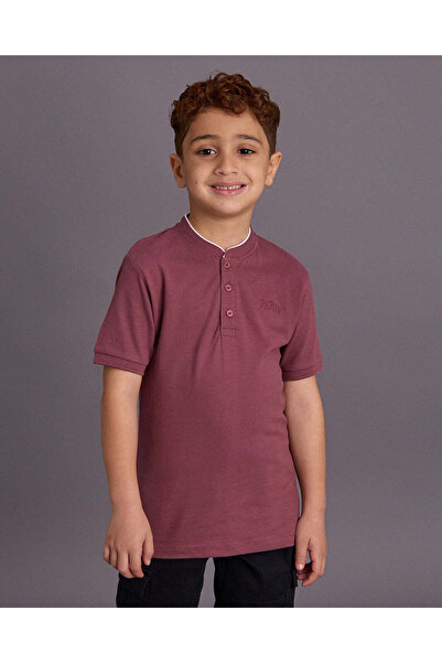 REDTAG Boys Burgundy Mandarin Collar Polo Shirt