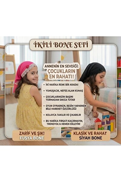 tayuya 2'li Set Kız Çocuk Viskon Üçgen Bone FUŞYA / SİYAH- 2-9 Yaş Dantelli V...