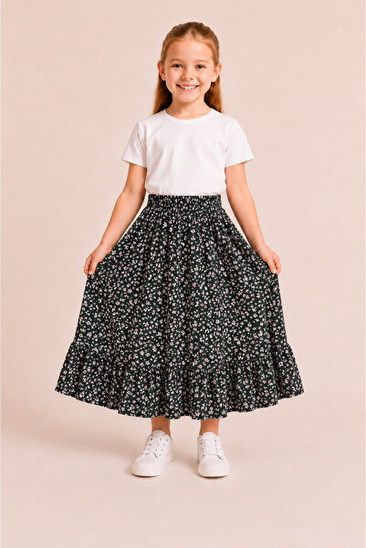 DUBAİ ÇOCUK Girl's Long Skirt Summer Patterned Elastic Waist Comfortable Loos...