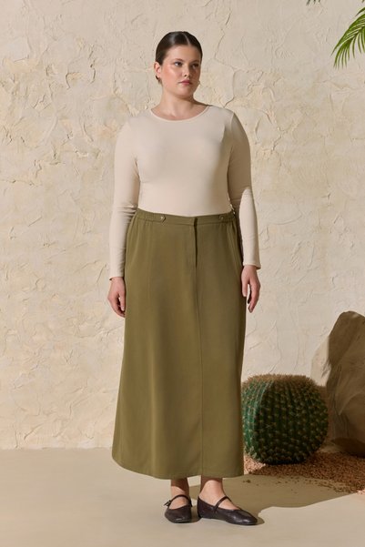 Aker Khaki Belted Skirt with Epaulettes and Koza Logo Detail