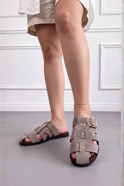 NAVİSHOES Women's Suede Belted Gold Buckle Thin Flat Sole Slippers Beach Summ...