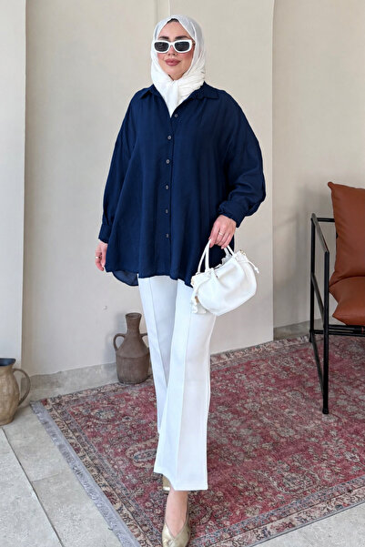 Tesettür Diyarı Πουκάμισο Oversize από ύφασμα Mery Jacquard Tulle Modal - Μπλ...