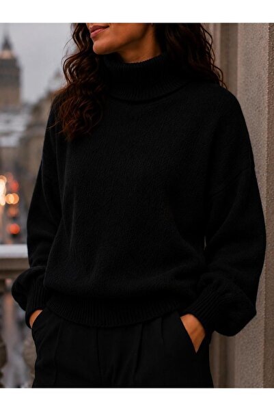 HİRA LİFE FASHİON Sfg Life Moda Women's Turtleneck Fuzzy Hooded Oversize Sweater