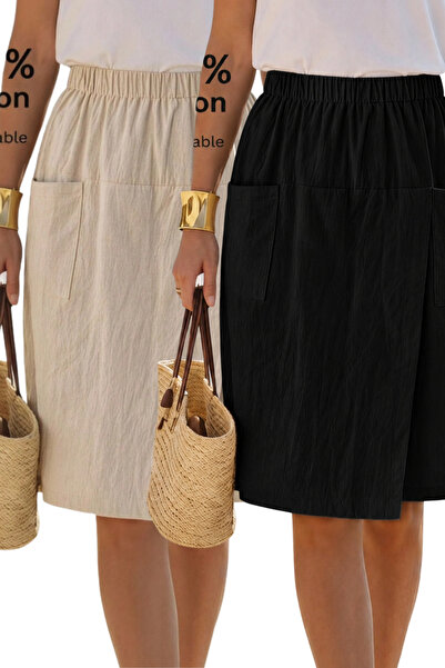 COOL TARZ Women's 2-Piece Set Black Beige 100% Linen High Waist Elastic Pocke...