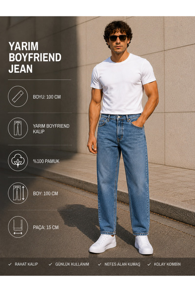 fashionistanbul Men's Boyfriend Jeans Medium Blue Loose Relaxed Fit Denim Jeans