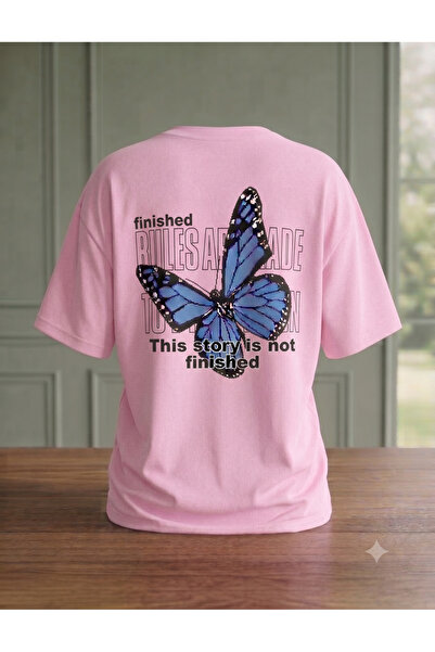 KOZİA OUTDOORS Women's Blue Kekebek Printed Oversized Crew Neck T-Shirt