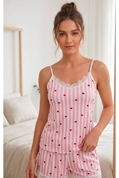 TAWBE Kadın Askılı Şortlu Pijama Takımı Rahat Ev Giyim Takımı