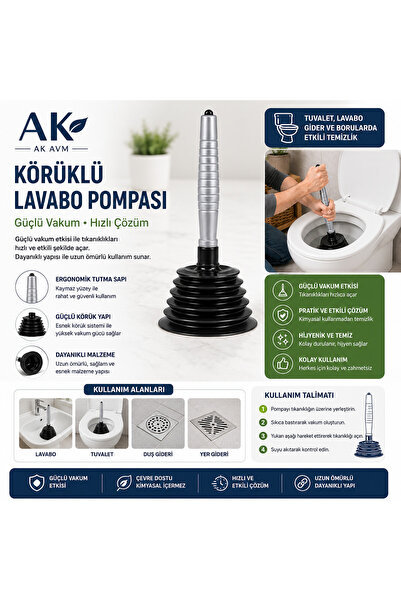 Ak Avm Lavabo Açma Pompası Körüklü Vakumlu Gider Açıcı Banyo Mutfak Klozet Tu...