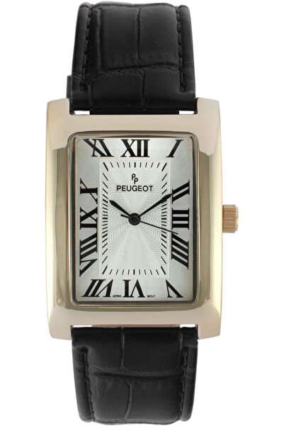 Peugeot Classic Rectangular Design Wristwatch with 14K Gold Plating and Leath...