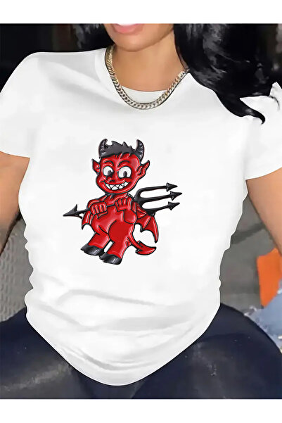 NOURAM Cute Devil Graphic Tee - Stylish Black Short Sleeve T-Shirt for Women