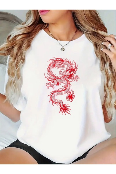 1001 Line Black T-Shirt Women Featuring a Red Dragon Design - Trendy Summer A...