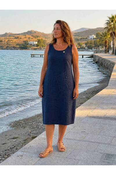 SERAPA Γυναικείο φόρεμα με μπαλόνια, ναυτικό μπλε, αμάνικο, λινό, άνετη εφαρμ...