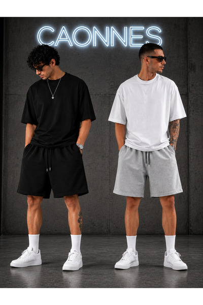 CAONNES 2-Piece Shorts for Men (Black-Grey) Summer Wide Fit Oversize Washable...