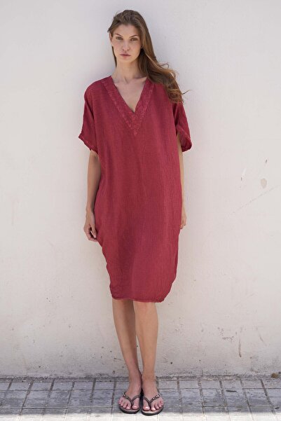İKİKIZ Cotton Burgundy V-Neck Dress