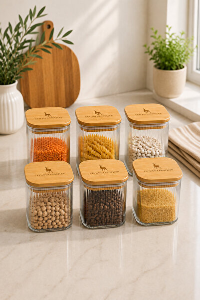 RASHA COLLECTION 6-Piece Glass Food Storage Container with Bamboo Lid, Stripe...
