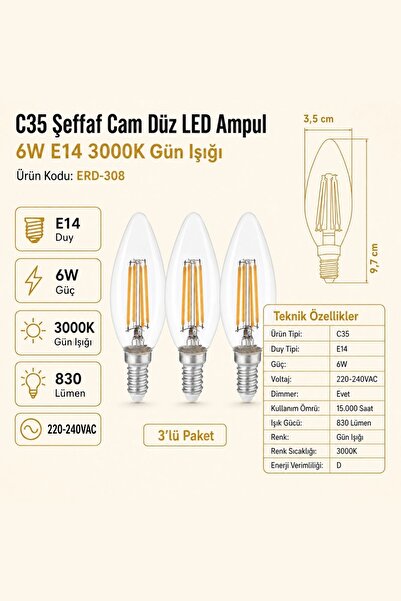 Heka C35 Şeffaf Cam Düz LED Ampul 6W E14 3000K Gün Işığı ERD-308 3'lü