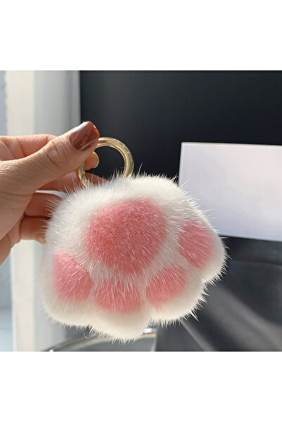 Choice whitepink Lovely Fluffy Cat Paw Keychain Fur Hair Pompon Keychain For ...