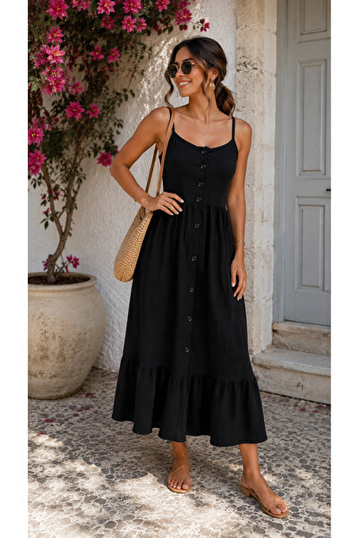 Kokosh moda Γυναικείο φόρεμα μίντι με λουράκια, λεπτομέρεια με κουμπιά και φο...