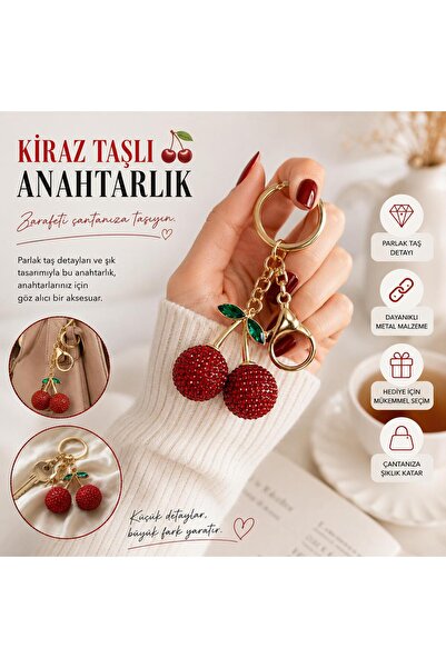 buysell Taşlı Kiraz Anahtarlık Kadın Parıldayan Kiraz Çanta Charm GOLD Anahta...