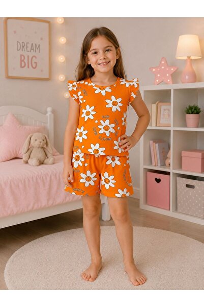 tusem butik homewear Girls' Cotton Orange Color Floral Patterned Sleeves Ruff...