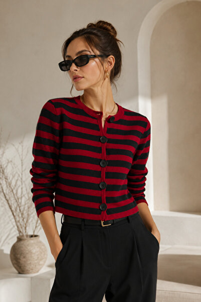 Devinka Women's Burgundy Buttoned Long Sleeve Striped Knitwear Cardigan