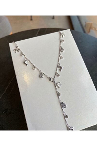 Rose and Light Sea Star and Dolphin Figured Dangle Stone Y Necklace