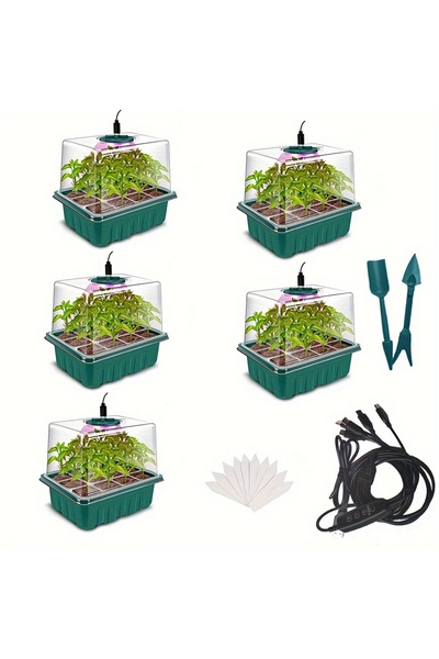 Choice1 Green 5pcs 12-hole lamp-equipped elevated cover seedling box set with...
